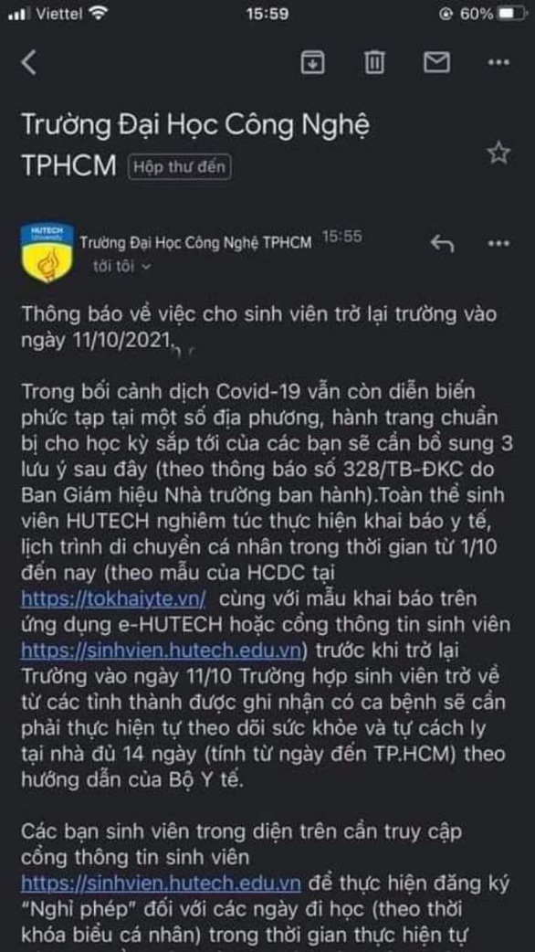 Thực hư thông tin trường Đại học tại TP.HCM thông báo cho sinh viên đi học lại từ 11/10 - Ảnh 1.