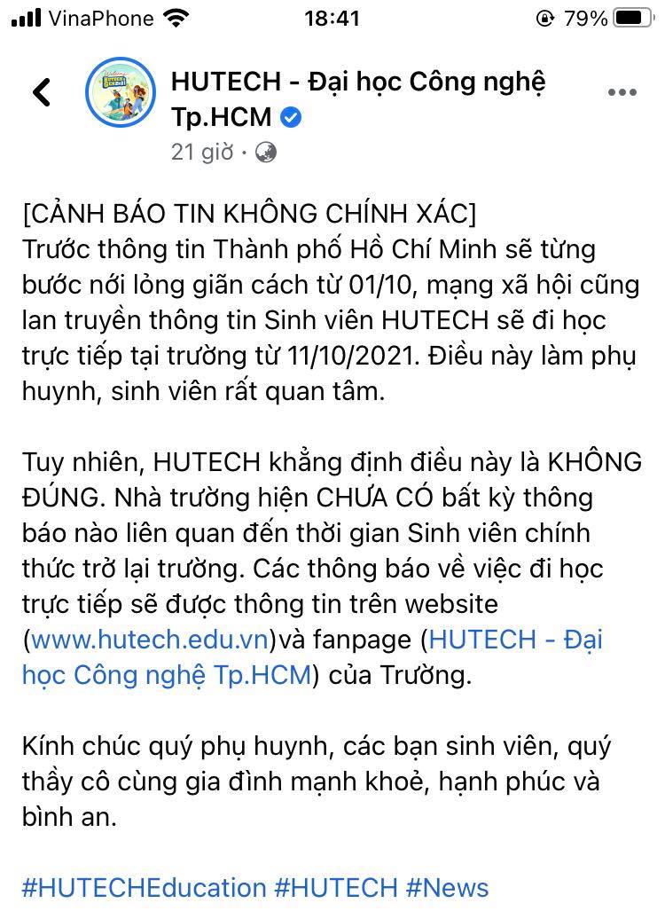 Thực hư thông tin trường Đại học tại TP.HCM thông báo cho sinh viên đi học lại từ 11/10 - Ảnh 2.