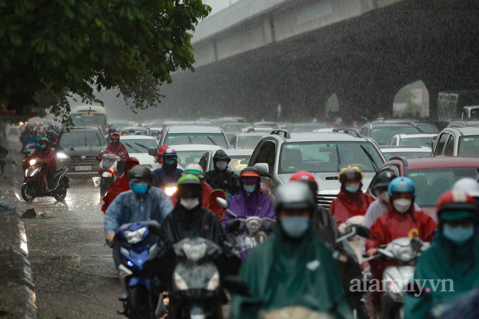 Đường phố ùn tắc, người Hà Nội vật lộn đi làm trong cơn mưa tầm tã - Ảnh 1.