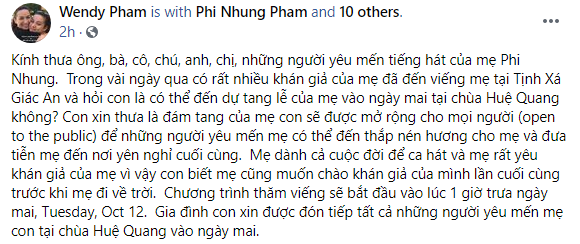 Con gái ruột Phi Nhung có thông báo mới về việc tổ chức tang lễ cho cố ca sĩ - Ảnh 2.