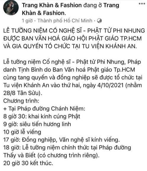 Thông tin chính thức về tang lễ của cố ca sĩ Phi Nhung? - Ảnh 1.