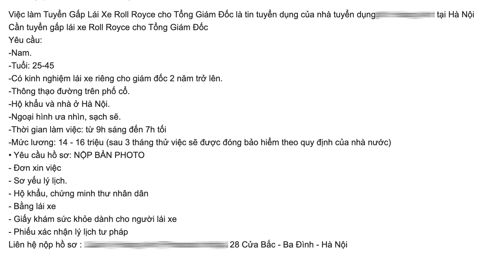Xôn xao thông tin đại gia Hà thành tuyển tài xế lương 14 triệu, hộ khẩu Hà Nội, nhưng khi biết hãng xe nhiều người "quay xe" - Ảnh 1. Xôn xao thông tin đại gia Hà thành tuyển tài xế lương 14 triệu, hộ khẩu Hà Nội, nhưng khi biết hãng xe nhiều người "quay xe" - Ảnh 1.