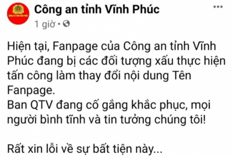 Kịp thời ngăn chặn hacker tấn công Fanpage chính thức của Công an tỉnh Vĩnh Phúc - Ảnh 1.