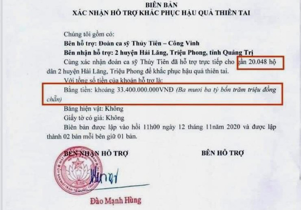 Khó xác định chính xác tổng số tiền ca sĩ Thuỷ Tiên trao ở Quảng Trị mùa lũ 2020 - Ảnh 1.