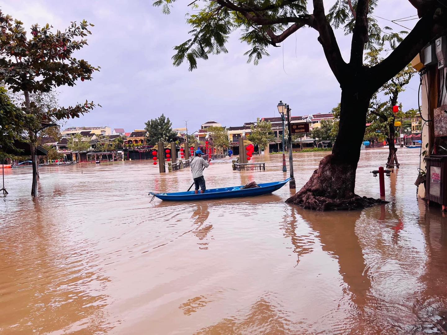 Nhiều địa phương miền Trung mưa như trút nước: Hội An chèo thuyền giữa phố cổ, người dân Bình Định sơn tán khẩn trong đêm - Ảnh 8.