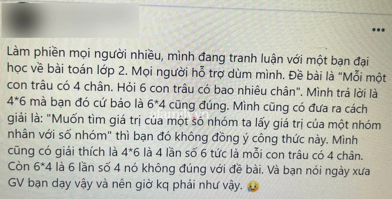 B&agrave;i to&aacute;n đang g&acirc;y tranh c&atilde;i dữ dội: "Mỗi con tr&acirc;u c&oacute; 4 ch&acirc;n. Hỏi 6 con tr&acirc;u c&oacute; bao nhi&ecirc;u ch&acirc;n", lấy 4x6 hay 6x4 mới l&agrave; c&acirc;u trả lời ch&iacute;nh x&aacute;c - Ảnh 1.