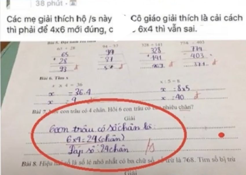 Học trò tính: 6 con trâu có 6x4 = 24 chân vẫn bị gạch bỏ, đoán trúng sai ở đâu chứng tỏ IQ rất cao! - Ảnh 1.