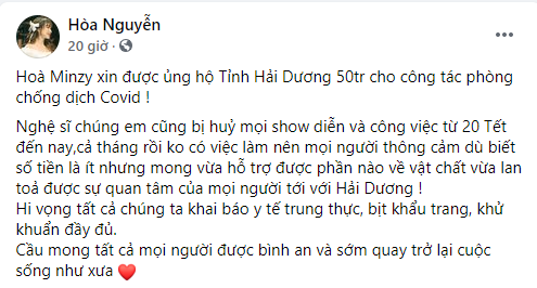 Ủng hộ Hải Dương 50 triệu đồng chống dịch Covid-19 nhưng Hòa Minzy lại mong được thông cảm vì số tiền ít - Ảnh 1.