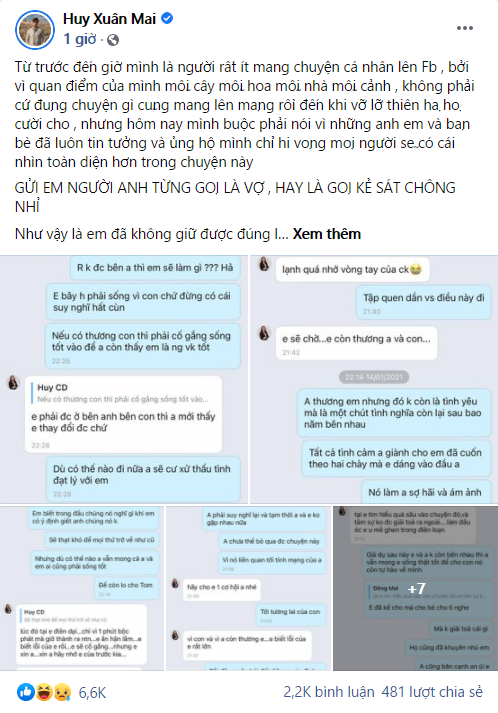 "Huy quần hoa" chính thức lên tiếng sau khi bị vợ tố ngoại tình và lộ loạt tin nhắn "giường chiếu": "Anh không muốn con có người mẹ đi tù..." - Ảnh 2. "Huy quần hoa" chính thức lên tiếng sau khi bị vợ tố ngoại tình và lộ loạt tin nhắn "giường chiếu": "Anh không muốn con có người mẹ đi tù..." - Ảnh 2.