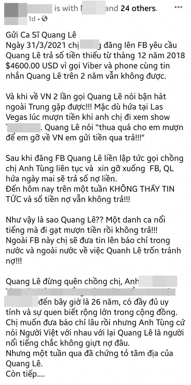 Xôn xao tin Quang Lê bị người quen tố vay hơn 100 triệu đồng sau 2 năm vẫn không trả, tiết lộ tin nhắn đòi nợ càng ức chế hơn - Ảnh 1.