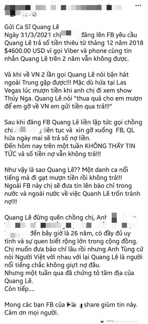 Plot twist không ngờ: Người tố Quang Lê nợ 100 triệu bỗng tuyên bố Facebook bị... hack, còn hé lộ mối quan hệ với nam ca sĩ - Ảnh 3.