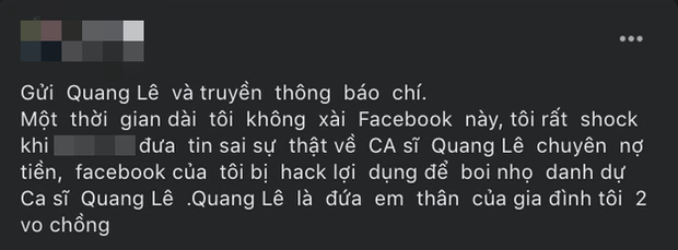 &quot;Plot twist&quot; không ngờ: Người tố Quang Lê nợ 100 triệu bỗng tuyên bố Facebook bị... hack, còn hé lộ mối quan hệ với nam ca sĩ - Ảnh 1.