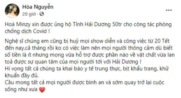 Đại dịch Covid-19 tái bùng phát, Hoà Minzy tiếp tục bỏ tiền túi ủng hộ 100 triệu đồng cho quê nhà Bắc Ninh - Ảnh 3.