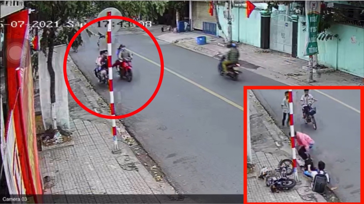 Lập biên bản vi phạm với đối tượng đi xe máy đạp ngã hai học sinh xuống đường - Ảnh 1.