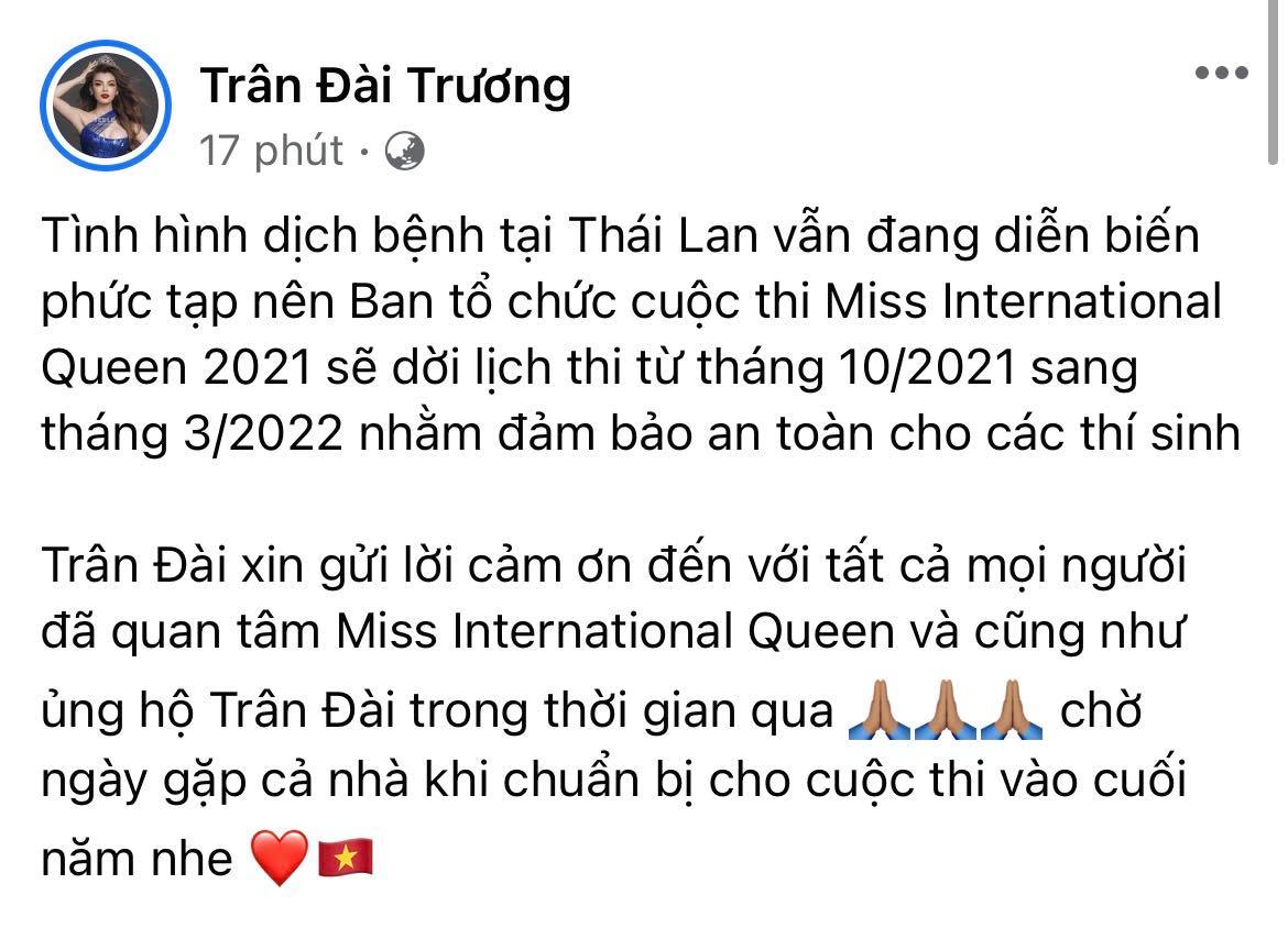 Miss International Queen 2021 chính thức thông báo hoãn lịch thi tại Thái Lan, Trân Đài lên tiếng hé lộ lý do đằng sau - Ảnh 3.