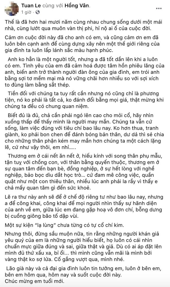 Ông xã NSND Hồng Vân viết tâm thư gửi vợ trong ngày sinh nhật, nhắc đến sự kiện lạ lùng và khẳng định: Vàng thật không sợ lửa - Ảnh 2.