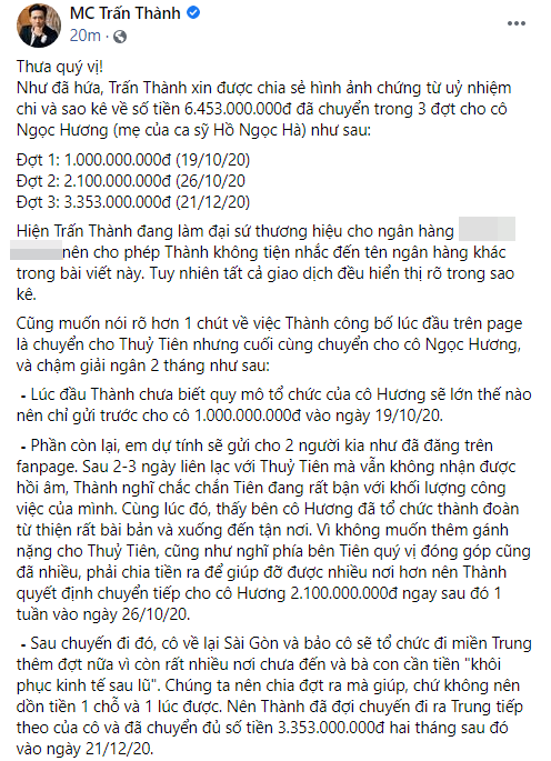 Công khai sao kê toàn bộ khoản tiền từ thiện miền Trung, Trấn Thành gửi lời xin lỗi tới Thủy Tiên và công chúng - Ảnh 1.