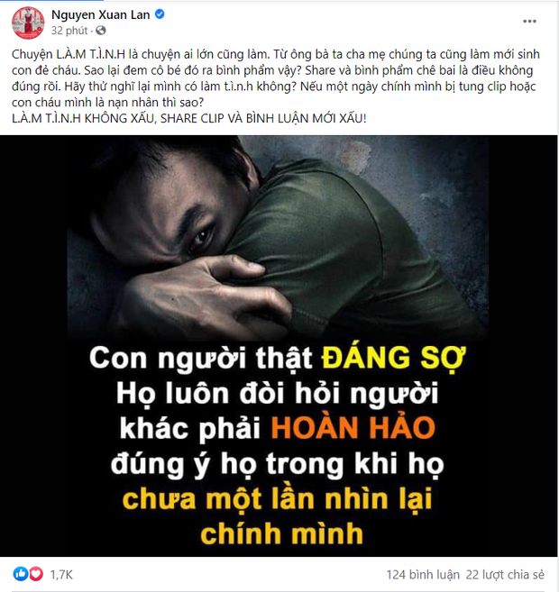 Netizen dậy sóng trước status của Xuân Lan lên án mạnh mẽ chuyện phát tán clip 18+ của diễn viên Về Nhà Đi Con - Ảnh 1.