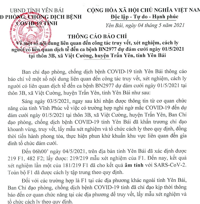 Đã có kết quả xét nghiệm SARS-CoV-2 với người  liên quan đến ca bệnh BN2977 ở Yên Bái - Ảnh 1.