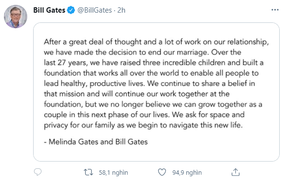 Tỷ phú Bill Gates và vợ tuyên bố ly hôn sau 27 năm chung sống, đưa ra thông báo chung đầy bất ngờ - Ảnh 1.