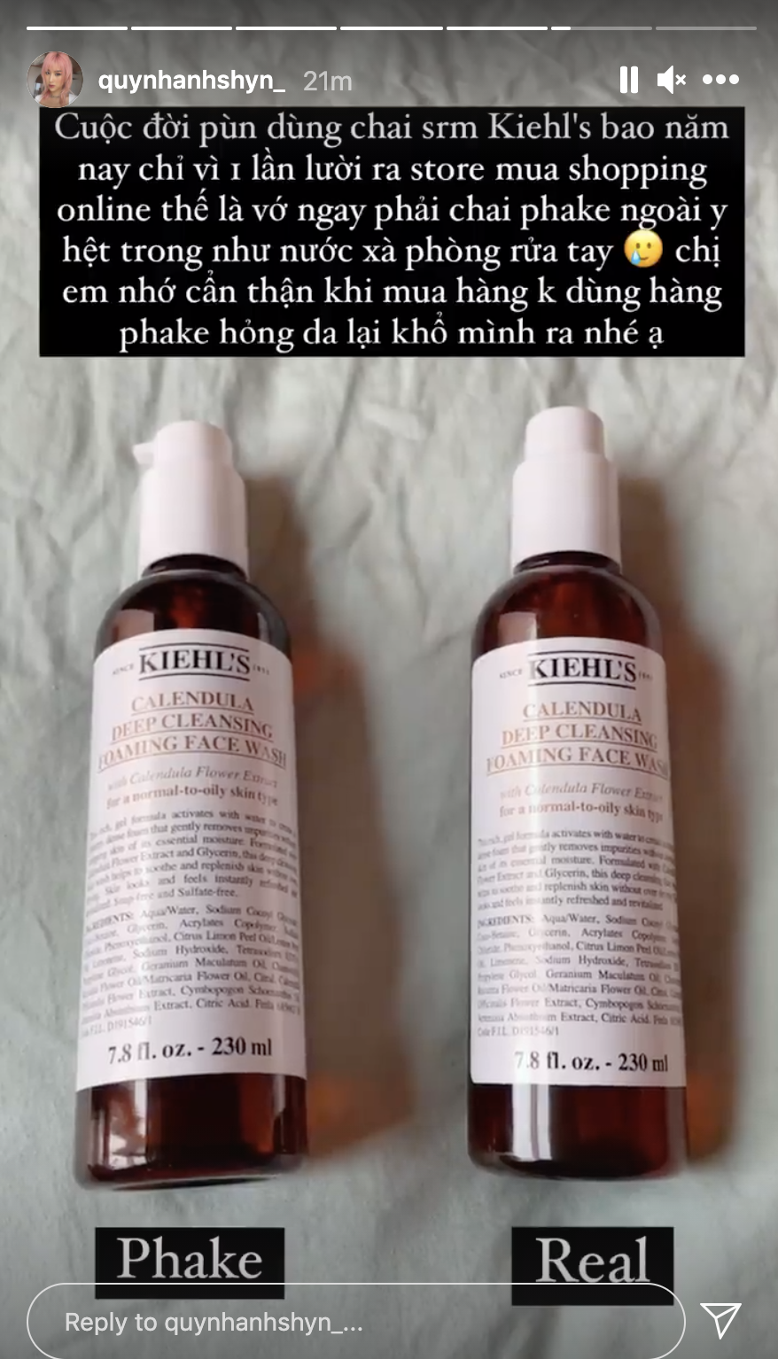 Ai thích sữa rửa mặt Kiehls hoa cúc cảnh giác: Quỳnh Anh Shyn vừa mua phải hàng phake vỏ giống thật - bên trong như xà phòng rửa tay - Ảnh 2. Ai thích sữa rửa mặt Kiehls hoa cúc cảnh giác: Quỳnh Anh Shyn vừa mua phải hàng phake vỏ giống thật - bên trong như xà phòng rửa tay - Ảnh 2.