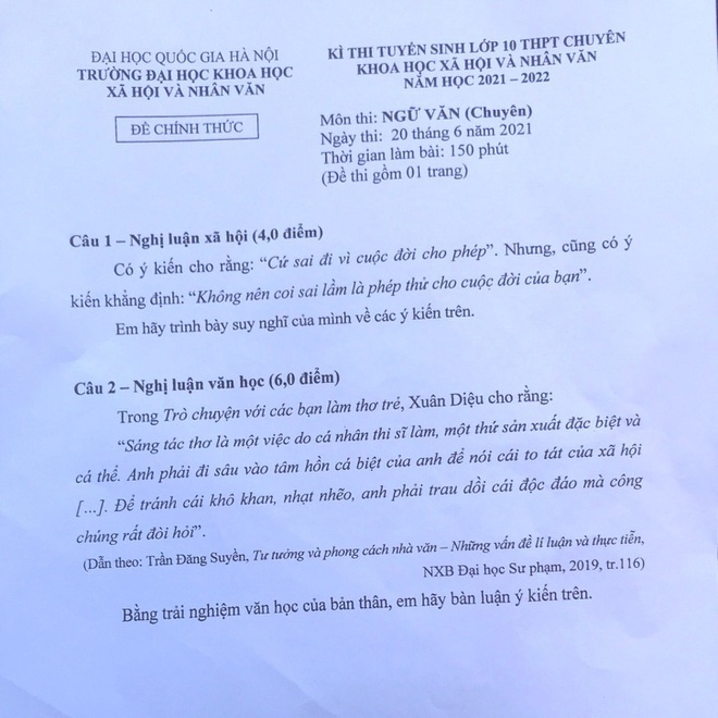 “Cứ sai đi vì cuộc đời cho phép” vào đề thi chuyên Văn lớp 10 - Ảnh 1.