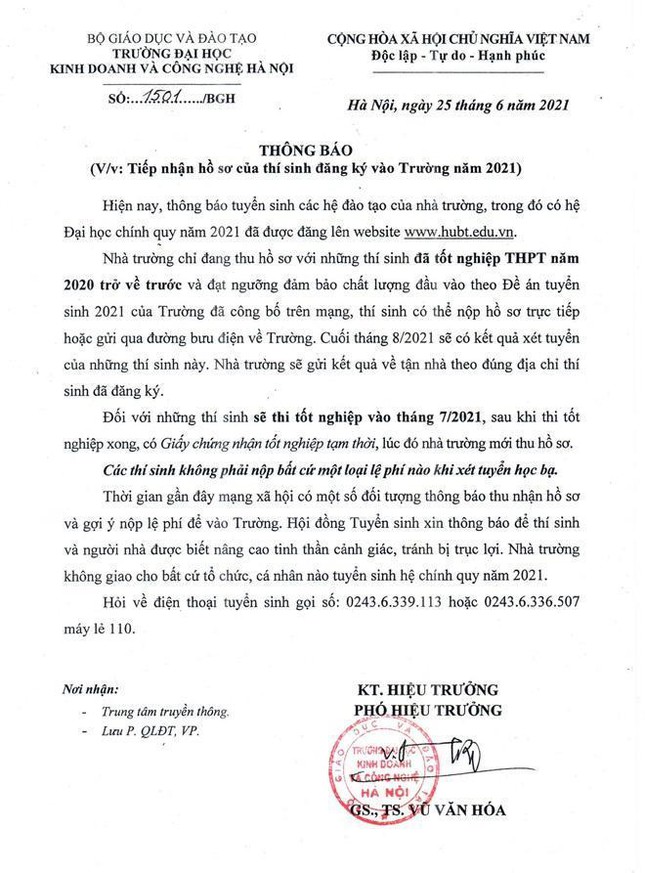 Th&iacute; sinh bị "gạ" nộp tiền x&eacute;t tuyển: Trường ĐH Kinh doanh v&agrave; C&ocirc;ng nghệ ra th&ocirc;ng b&aacute;o khẩn - Ảnh 1.