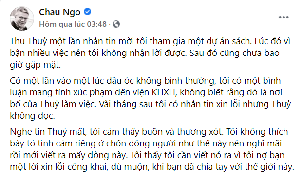 Giáo sư Ngô Bảo Châu bất ngờ gửi lời xin lỗi đến Hoa hậu Nguyễn Thu Thủy khi cô vừa qua đời vì lý do này - Ảnh 2.