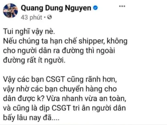 Đạo diễn Quang Dũng nhận &quot;gạch đá&quot; vì phát ngôn đề xuất CSGT làm shipper, hàng loạt sao Việt cũng bị chỉ trích vì hưởng ứng  - Ảnh 1.