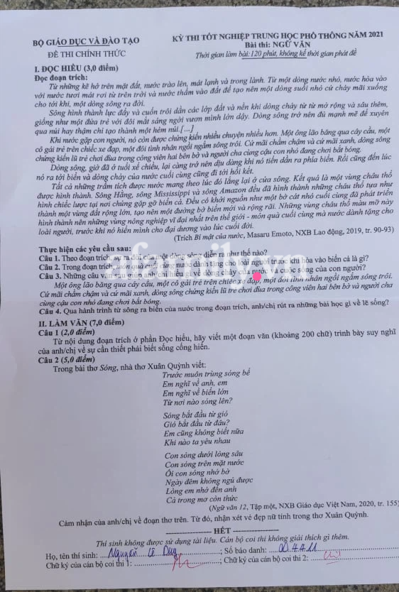 Đề thi v&agrave; đ&aacute;p &aacute;n m&ocirc;n Văn THPT Quốc gia 2021: "S&oacute;ng" của Xu&acirc;n Quỳnh v&agrave;o đề thi tốt nghiệp - Ảnh 1.