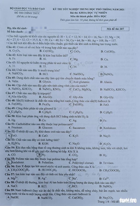 Đề thi và đáp án môn Hóa học tốt nghiệp THPT Quốc gia 2021: Xem ngay tại đây - Ảnh 1.