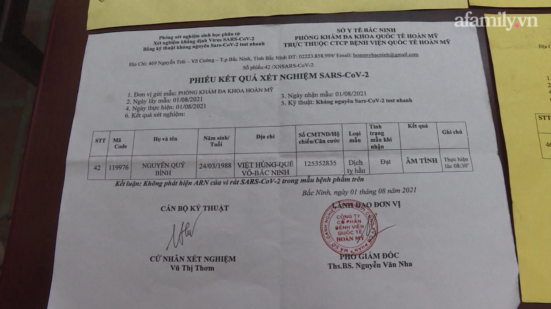 Do đó, Hải nghĩ cách làm giả phiếu kết quả xét nghiệm SARS-CoV-2 của Công ty Cổ phần Bệnh viện Quốc tế Hoàn Mỹ ở phường Võ Cường, Thành phố Bắc Ninh.