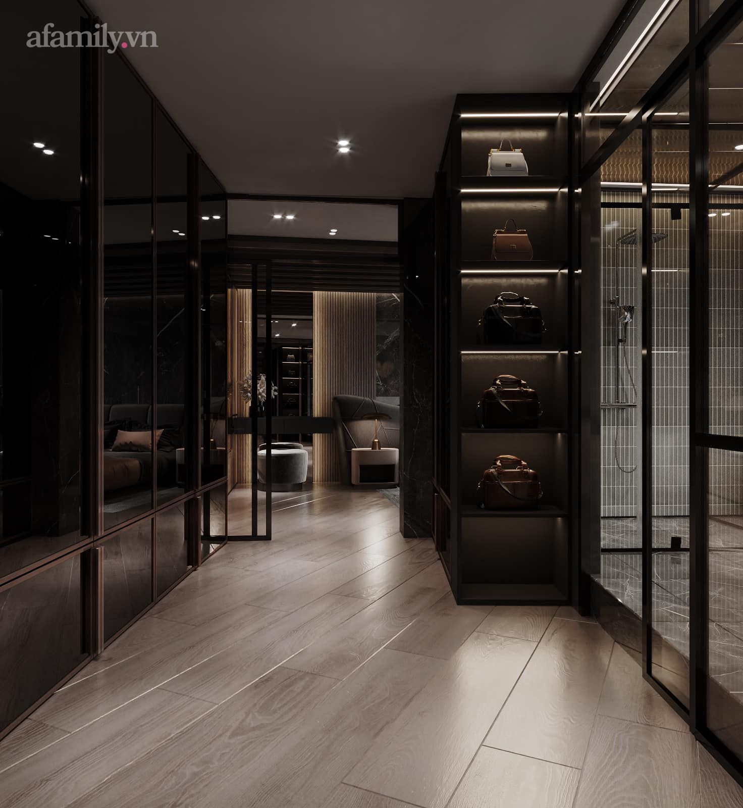 Căn penthouse duplex của nữ CEO Hà Nội bao trọn view sông Hồng, thiết kế luxury hiện đại tone chủ đạo nâu đen cực huyền bí - Ảnh 7.