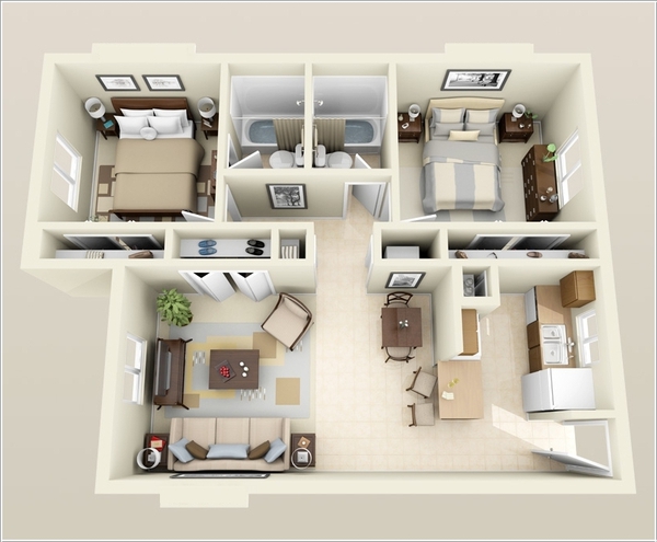 10 mẫu thiết kế căn hộ 2 phòng ngủ khoa học và hợp lý cho gia đình trẻ - Ảnh 4.