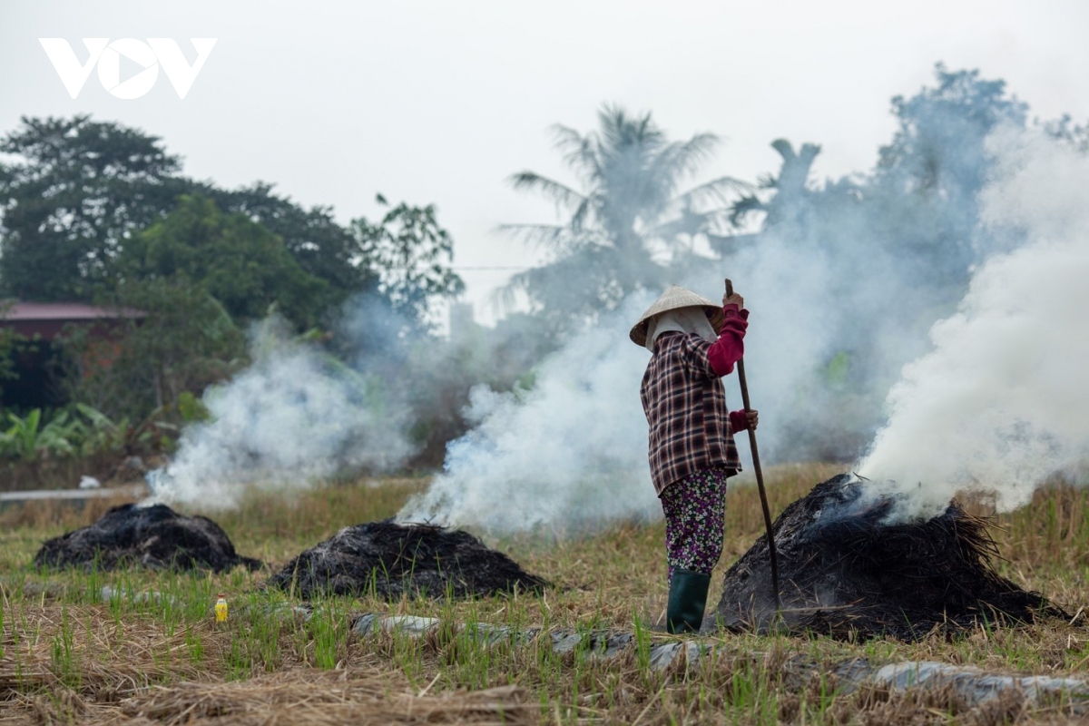 Nông dân ngoại thành Hà Nội đốt rơm rạ, khói mù mịt &quot;bủa vây&quot; người đi đường - Ảnh 1.