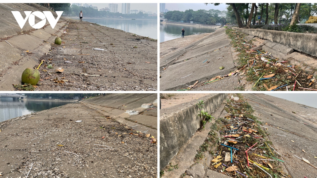 Hồ Linh Đàm ngập tràn rác thải, bờ kè nứt toác tiềm ẩn nguy hiểm - Ảnh 3.