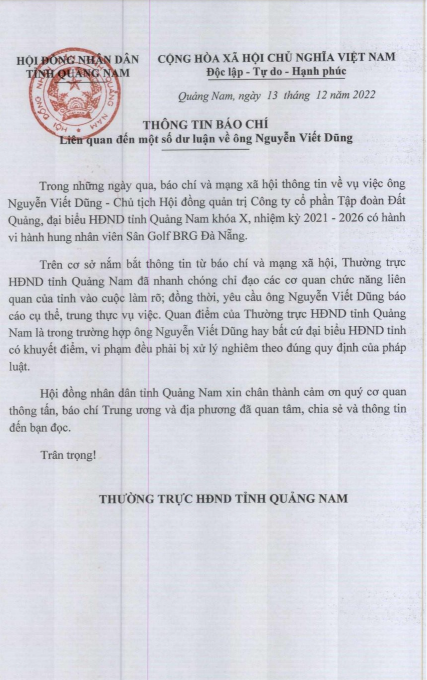 HĐND tỉnh Quảng Nam thông tin vụ đại biểu đánh nữ nhân viên sân golf, không họp báo - Ảnh 2. HĐND tỉnh Quảng Nam thông tin vụ đại biểu đánh nữ nhân viên sân golf, không họp báo - Ảnh 2.