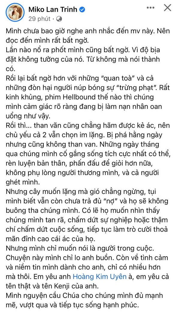 Bạn trai vướng phốt nhận vơ trong MV của Wowy, Miko Lan Trinh lên tiếng: Cây muốn lặng mà gió chẳng ngừng - Ảnh 1.