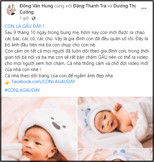 Dong Van Hung of Mother Cuisine channel announced that his wife had given birth to a baby, identifying the family as 