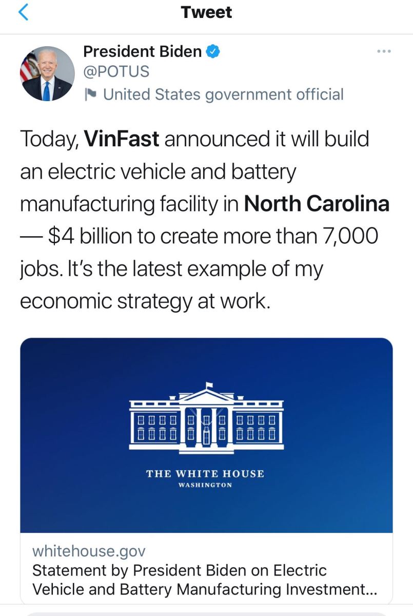 Nhà Trắng ra thông báo, Tổng thống Biden đăng tweet Vinfast xây nhà máy sản xuất xe điện ở Mỹ - Ảnh 1.