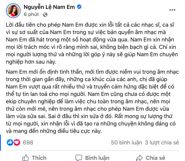 Nam Em apologizes to Toc Tien and the musicians for the carefree 