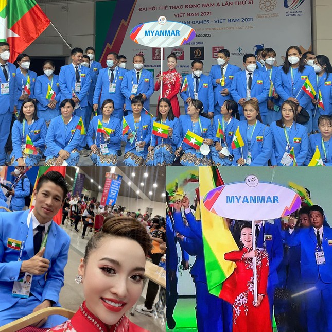 Cầm biển tên diễu hành SEA Games 31, diễn viên Hoàng Mai Anh được các VĐV Myanmar cổ vũ nhiệt tình - Ảnh 2.