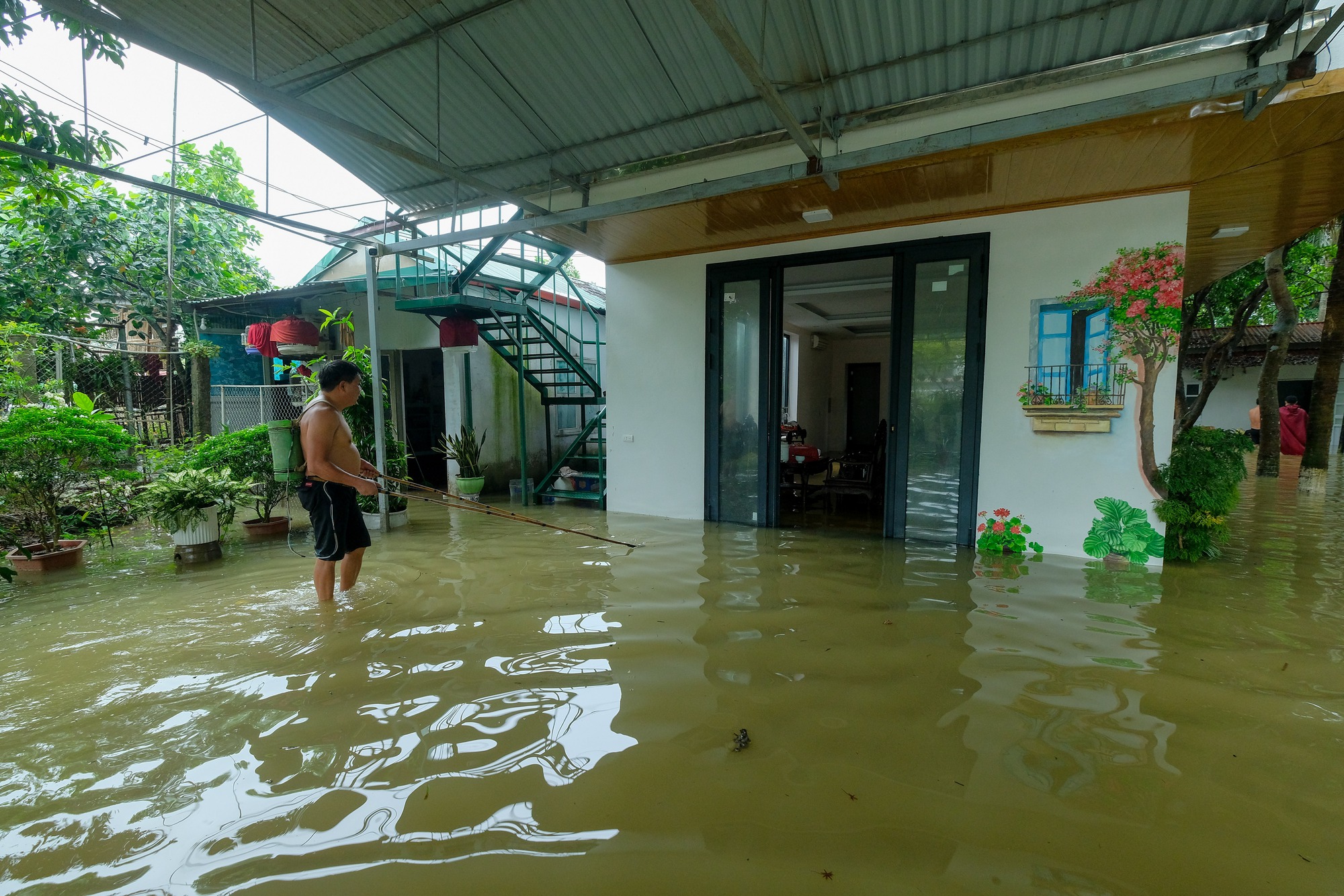 Mưa ngớt, người dân Hà Nội vẫn lội bì bõm đánh cá quanh nhà, nơi mò mẫm cắt hoa vớt vát tài sản - Ảnh 3.