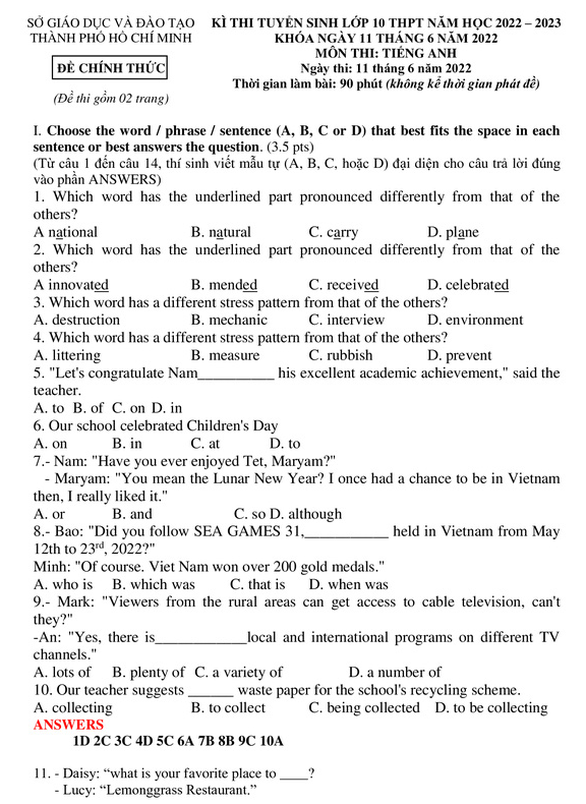 CẬP NHẬT: Đáp án ĐỀ THI TIẾNG ANH và ĐỀ THI NGỮ VĂN thi lớp 10 ở TP.HCM - Ảnh 1.