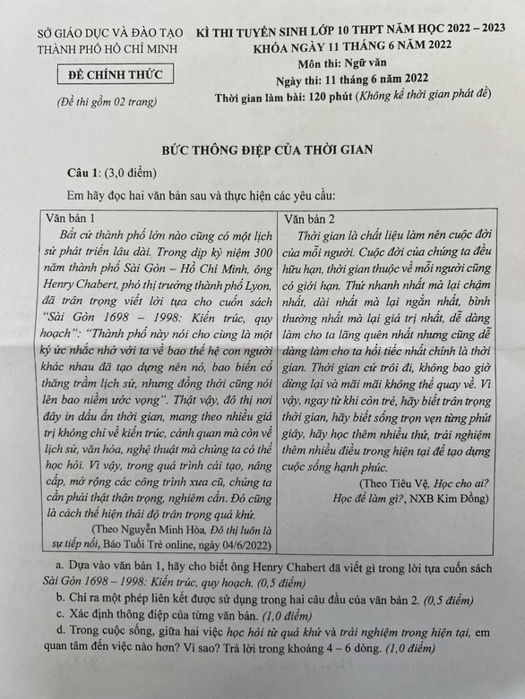 CẬP NHẬT: Đáp án ĐỀ THI TIẾNG ANH và ĐỀ THI NGỮ VĂN thi lớp 10 ở TP.HCM - Ảnh 1.