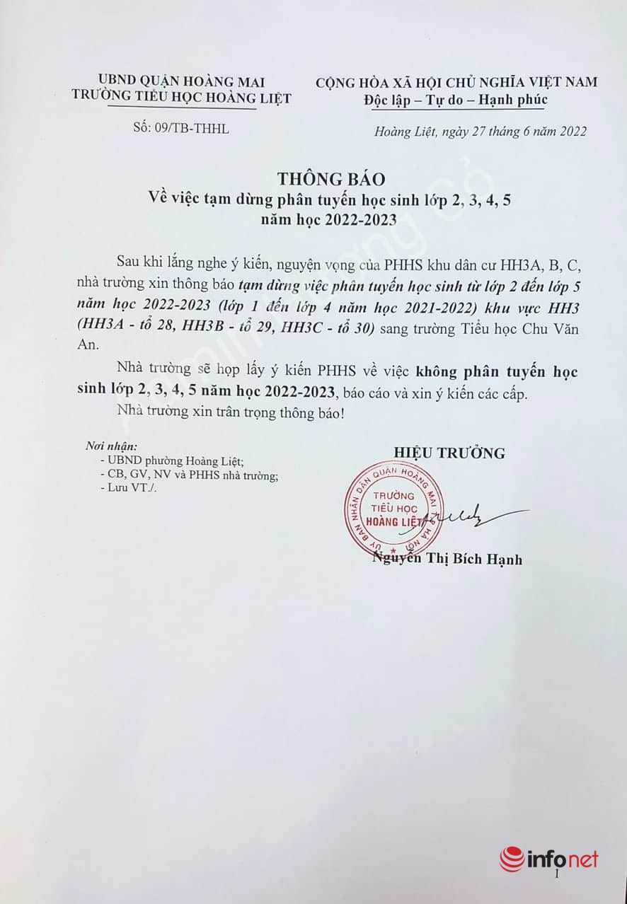 Vụ 'đẩy' học sinh đi nơi khác để trường lên chuẩn quốc gia: Hiệu trưởng Tiểu học Hoàng Liệt nhận thiếu sót, vội vàng - Ảnh 2.