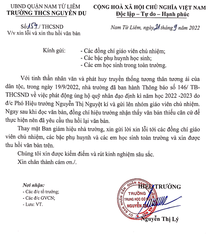 Hiệu phó ra thông báo gây quỹ ủng hộ năm học, hiệu trưởng lập tức thu hồi - Ảnh 1.