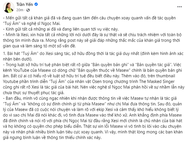 Xesi tiếp tục phản bác O Sen Ngọc Mai về vấn đề bản quyền Túy Âm: Không biết lí do gì chị Mai lại nói khác đi, đưa Masew vào thế khó xử - Ảnh 1. Xesi tiếp tục phản bác O Sen Ngọc Mai về vấn đề bản quyền Túy Âm: Không biết lí do gì chị Mai lại nói khác đi, đưa Masew vào thế khó xử - Ảnh 1.
