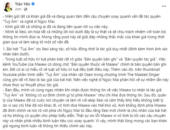 Xesi tiếp tục phản bác O Sen Ngọc Mai về vấn đề bản quyền Túy Âm: Không biết lí do gì chị Mai lại nói khác đi, đưa Masew vào thế khó xử - Ảnh 1.