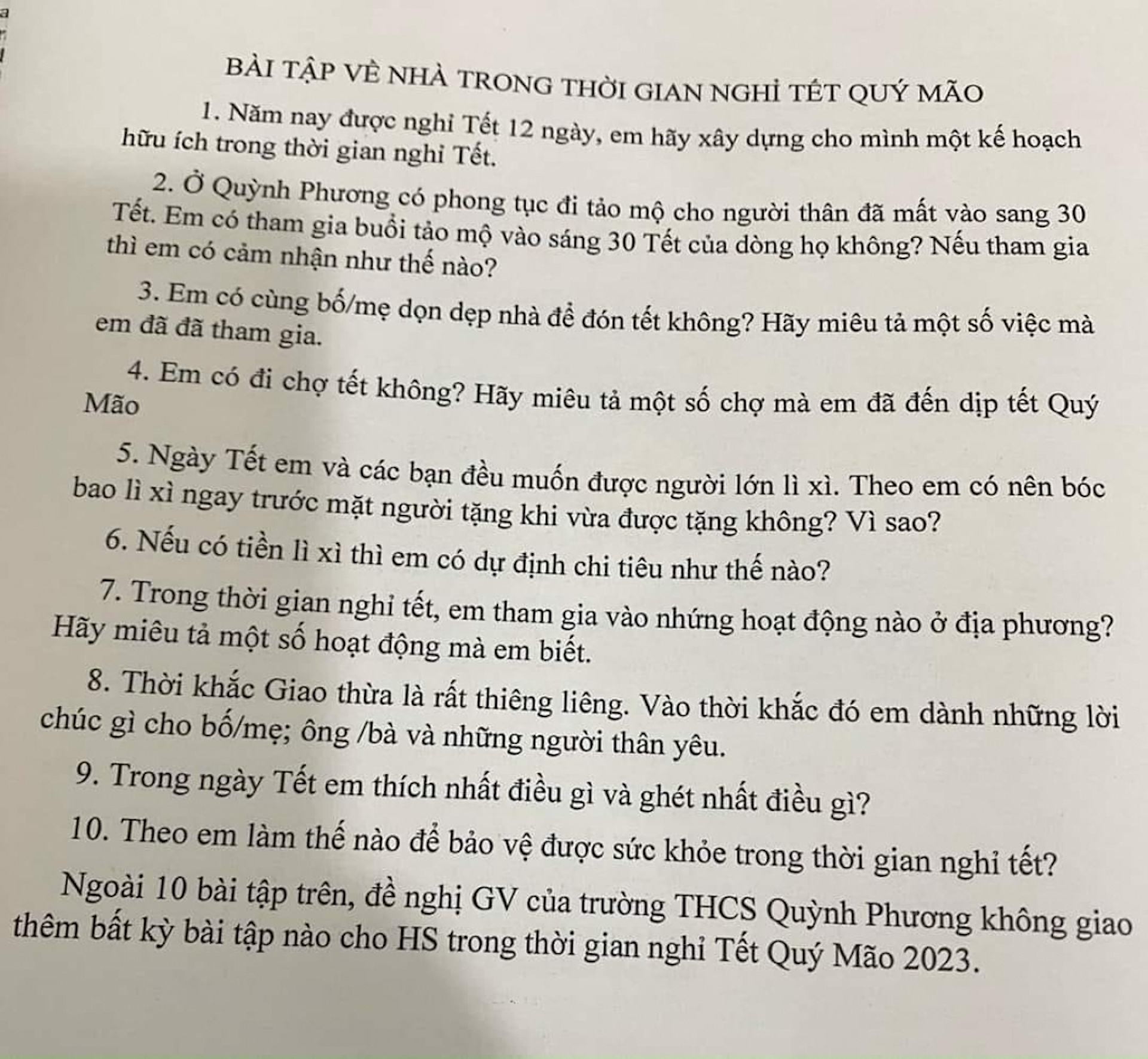 Bài tập về nhà đặc biệt cho học sinh dịp Tết của thầy hiệu trưởng gây 'sốt' - Ảnh 1.